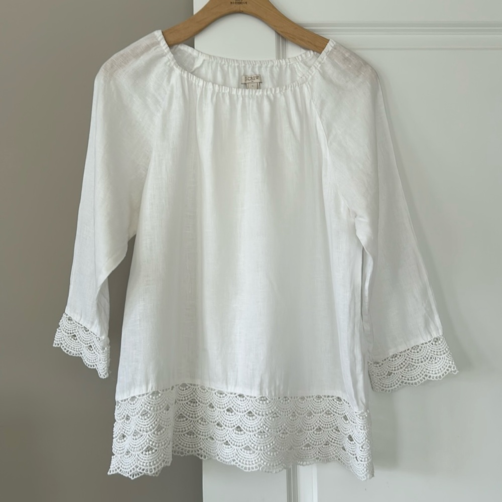 J Crew Scalloped Edge Crochet Lace Trimmed Linen Peasant Blouse White Small